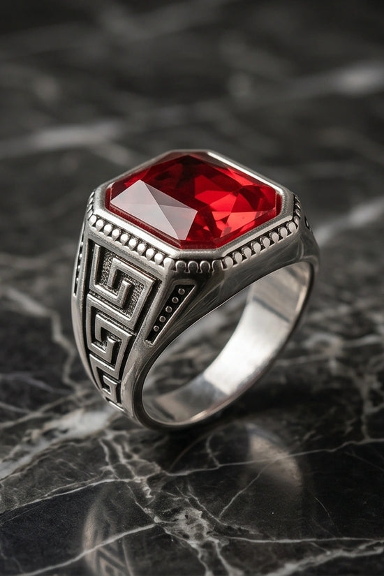 Vintage Greek Key Ruby Red Gemstone Ring