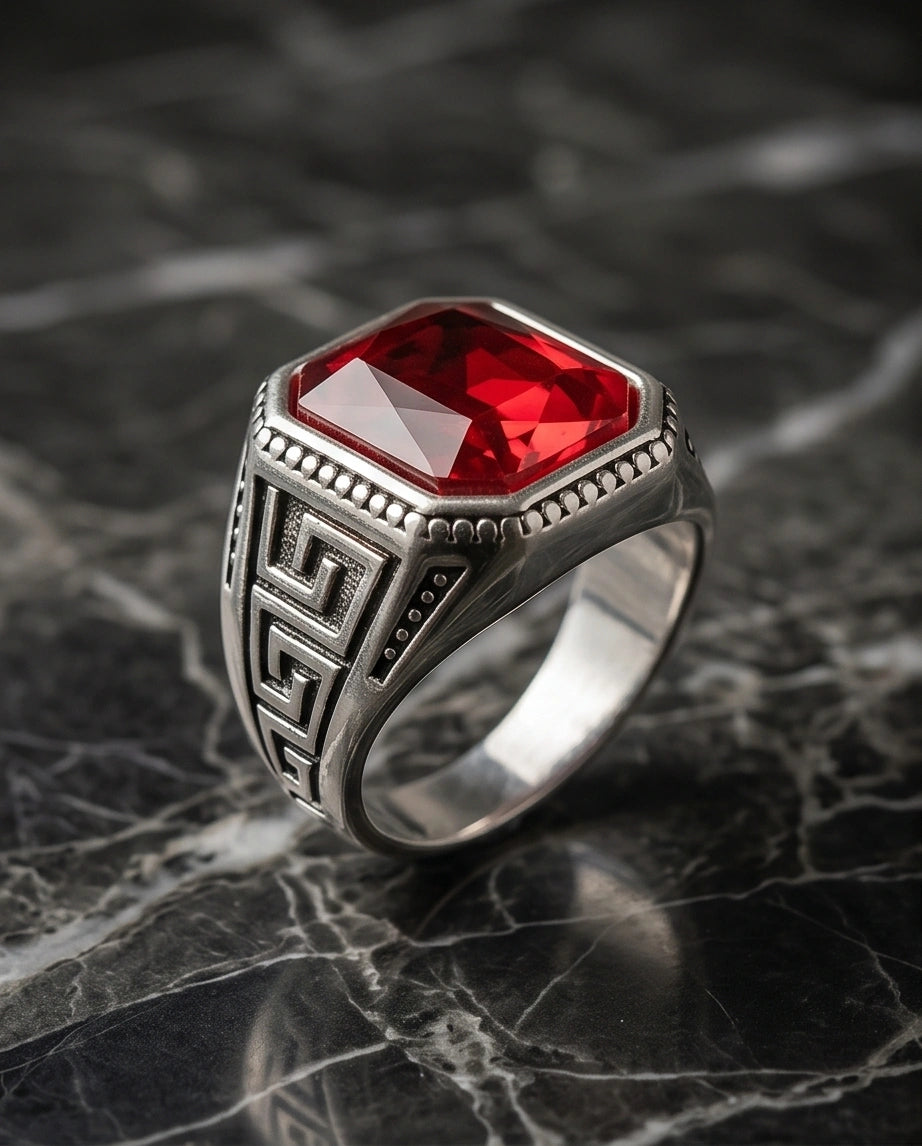 Vintage Greek Key Ruby Red Gemstone Ring