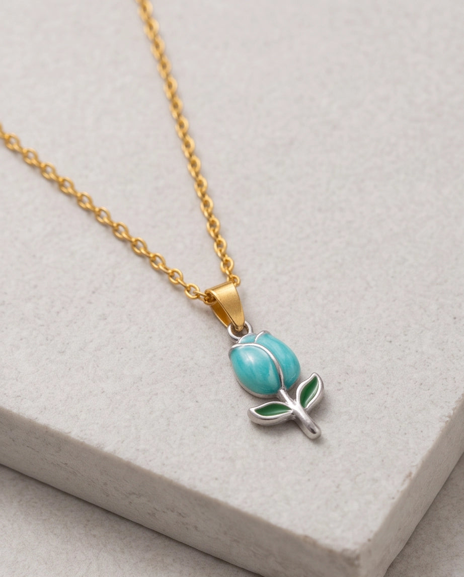 Silver Light Blue Enamel Tulip Pendant Necklace