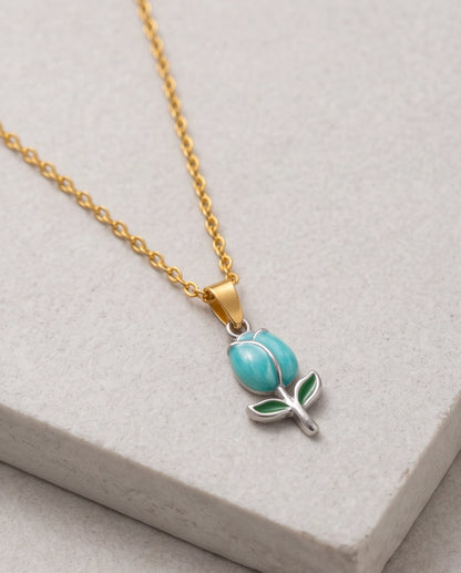 Silver Light Blue Enamel Tulip Pendant Necklace