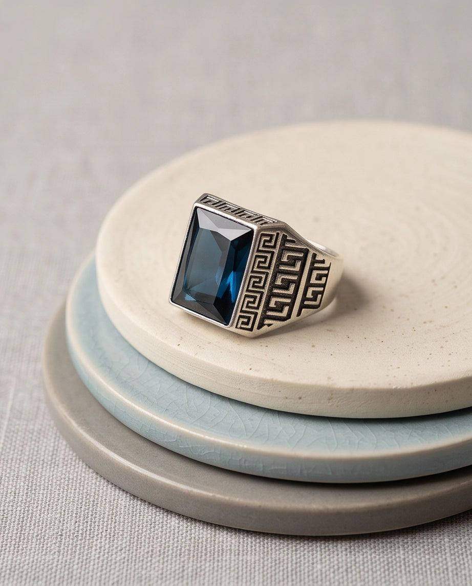 Deep Sapphire Emerald-Cut Gemstone Greek Key Silver Ring