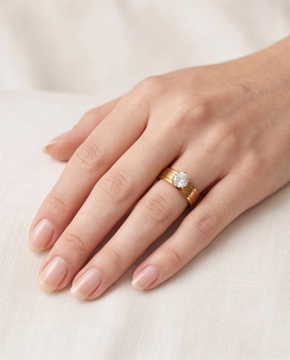 Gold Round Gemstone Wide-Band Solitaire Ring
