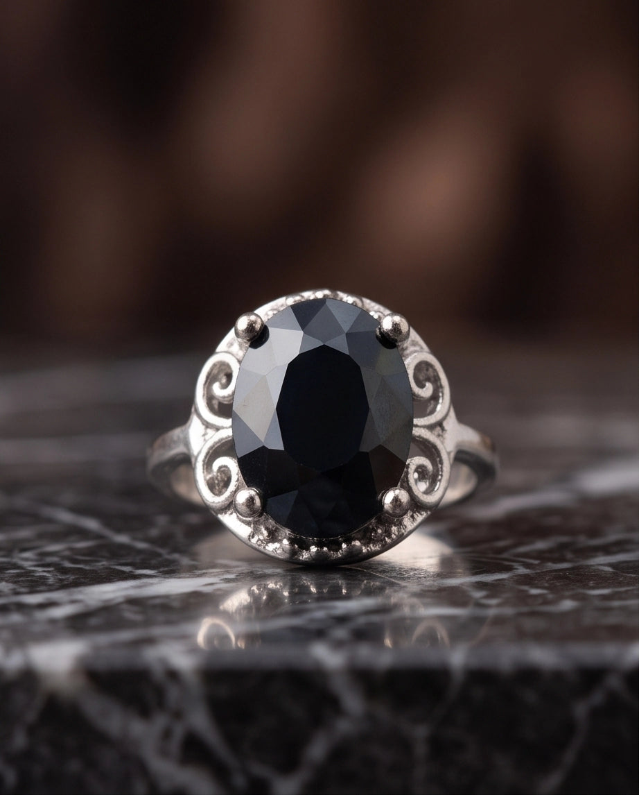 Silver Oval Onyx Filigree Solitaire Ring