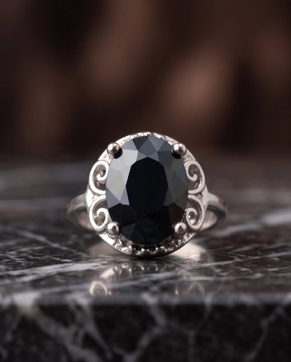 Silver Oval Onyx Filigree Solitaire Ring