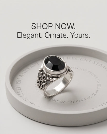 Faceted Oval Onyx-Style Beaded Bezel Filigree Silver Ring