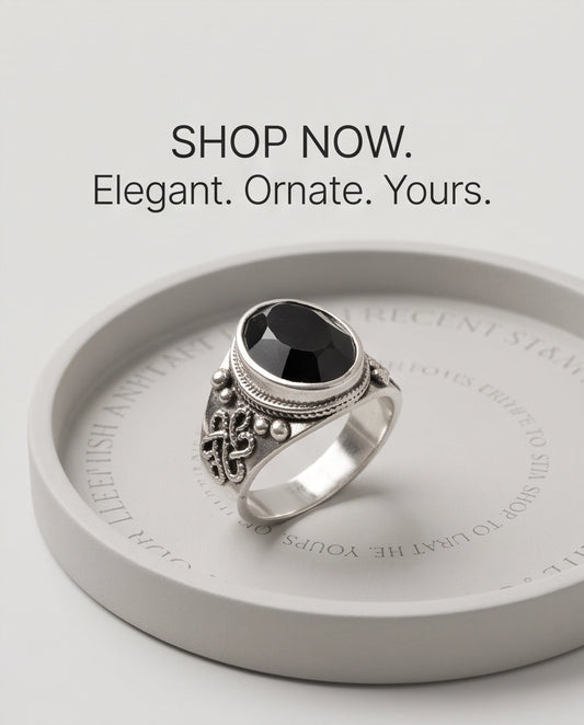 Faceted Oval Onyx-Style Beaded Bezel Filigree Silver Ring