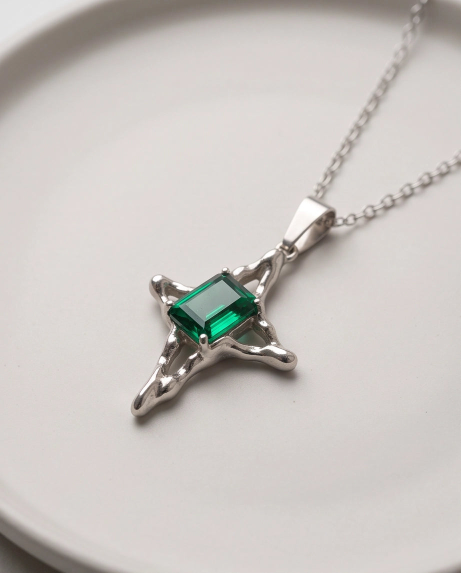 Silver Emerald Gemstone Gothic Cross Pendant Necklace