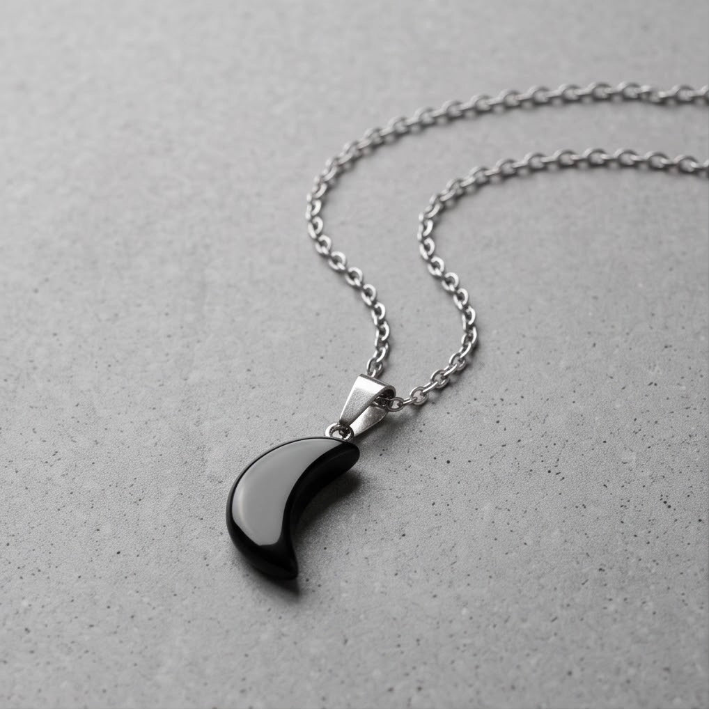Silver Black Obsidian Crescent Moon Pendant Necklace