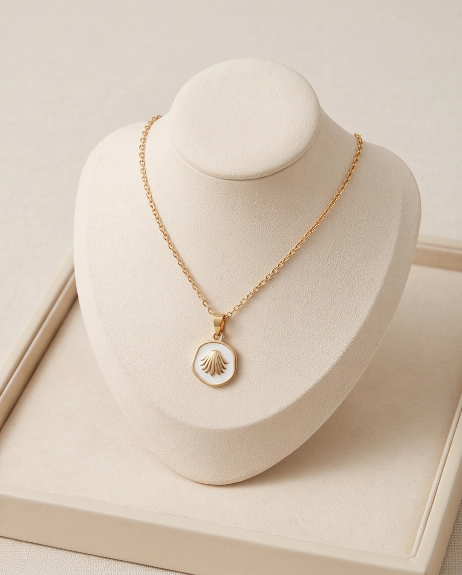 Gold White Enamel Seashell Medallion Pendant Necklace