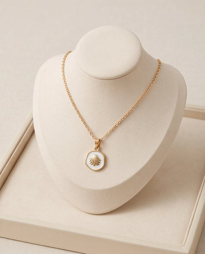 Gold White Enamel Seashell Medallion Pendant Necklace