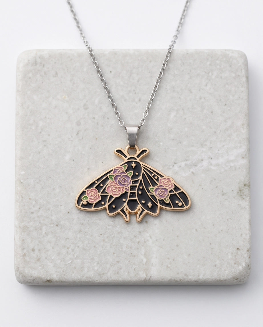 Gold Floral Moth Enamel Chain Necklace