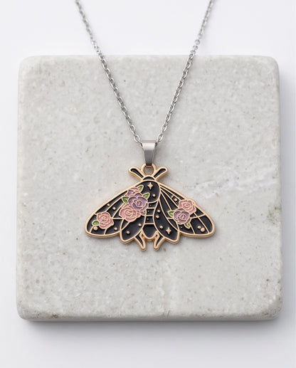 Gold Floral Moth Enamel Chain Necklace