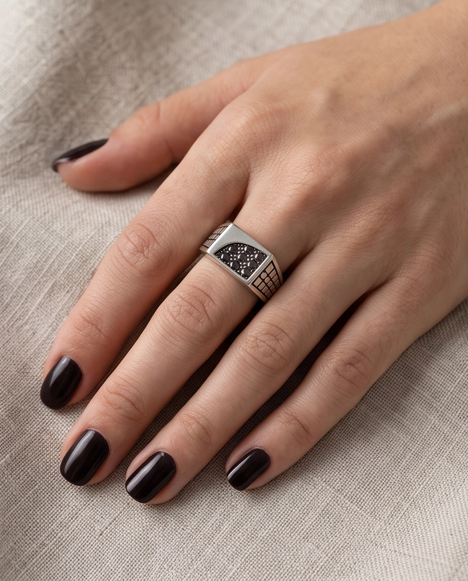Garnet Micro-Pavé Geometric Segment Band Silver Ring