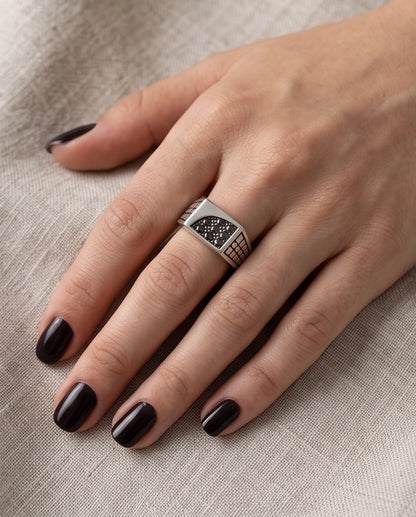 Garnet Micro-Pavé Geometric Segment Band Silver Ring