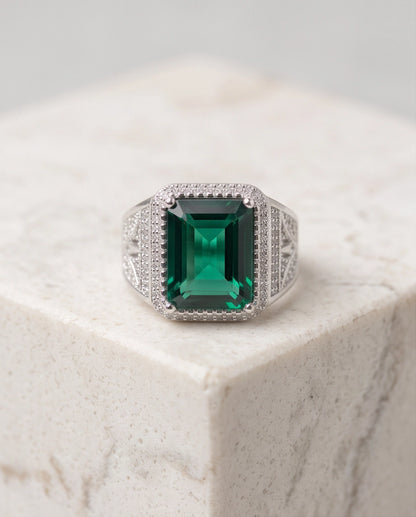 Emerald Green Emerald-Cut Gemstone Stippled Halo Silver Ring