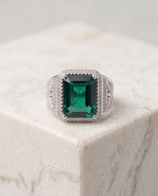 Emerald Green Emerald-Cut Gemstone Stippled Halo Silver Ring