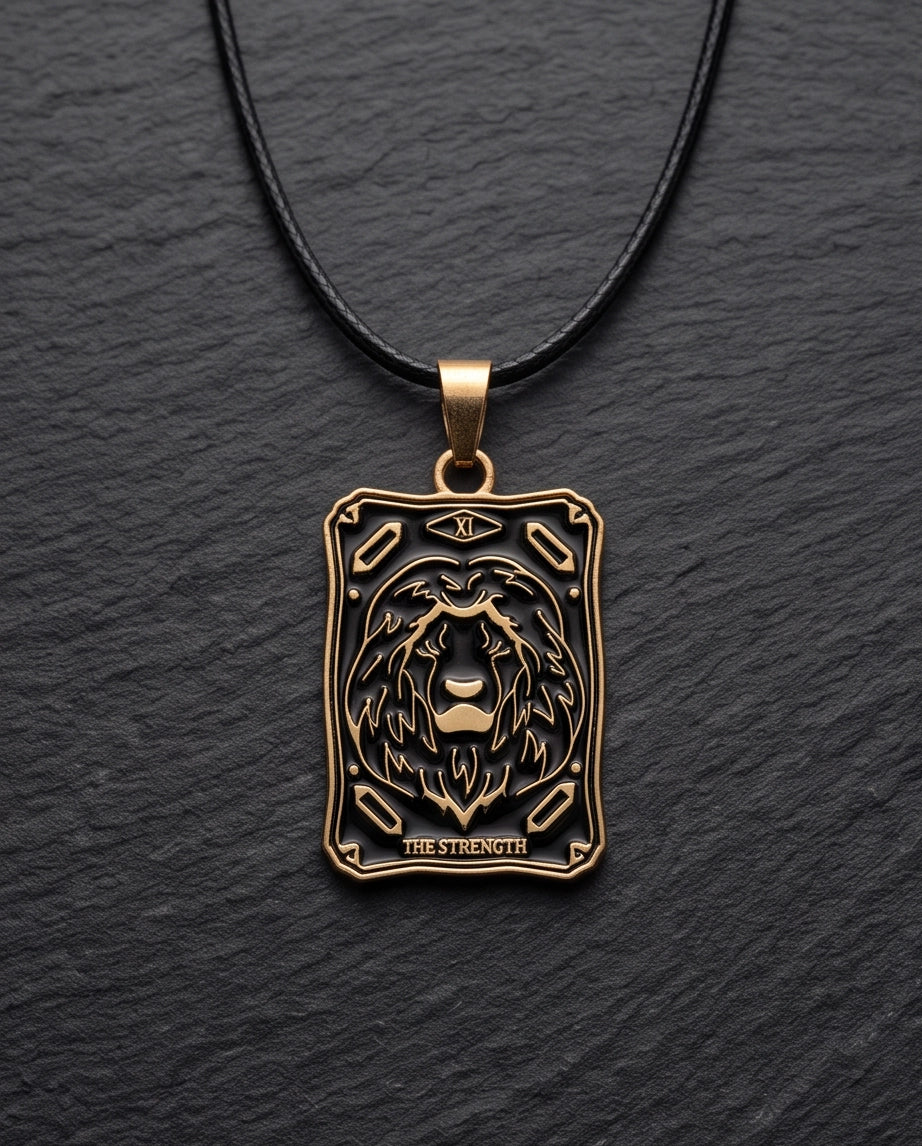 Gold "Strength" Lion Tarot Card Pendant Necklace