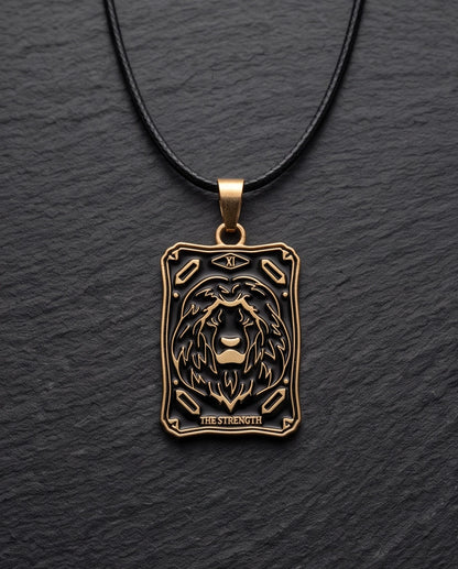 Gold "Strength" Lion Tarot Card Pendant Necklace