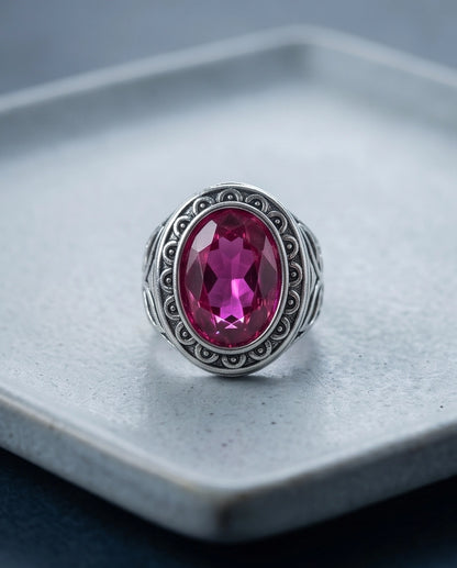 Tourmaline Gemstone Scalloped Bezel Filigree Silver Ring