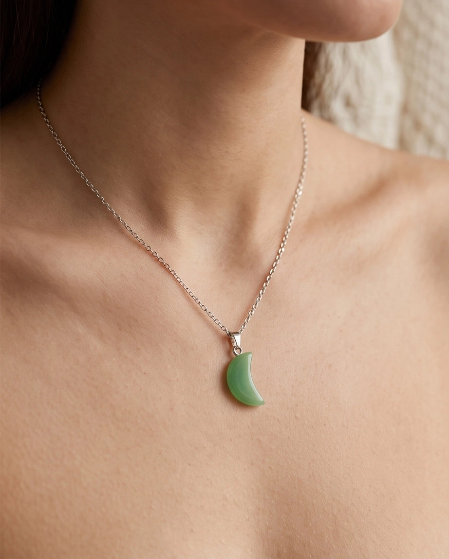 Silver Jade Green Crescent Moon Pendant Necklace