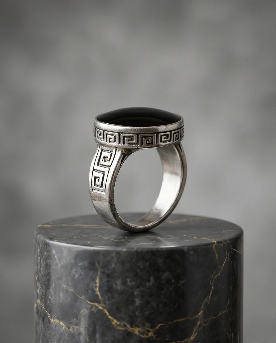 Minimalist Greek Key Onyx Signet Ring