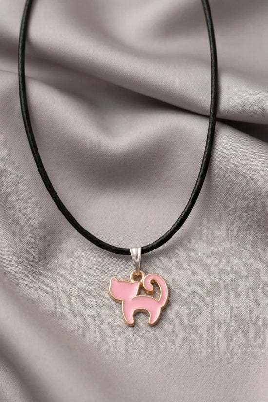 Playful Pink Cat Enamel Pendant Necklace