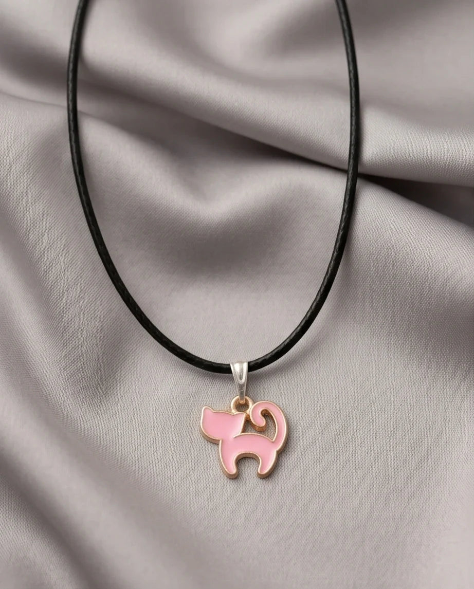 Playful Pink Cat Enamel Pendant Necklace