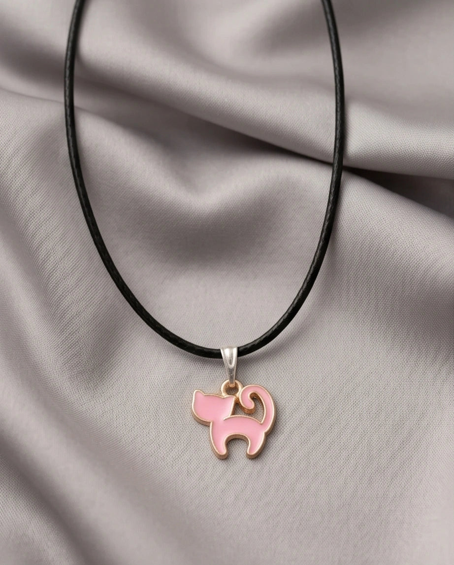 Playful Pink Cat Enamel Pendant Necklace