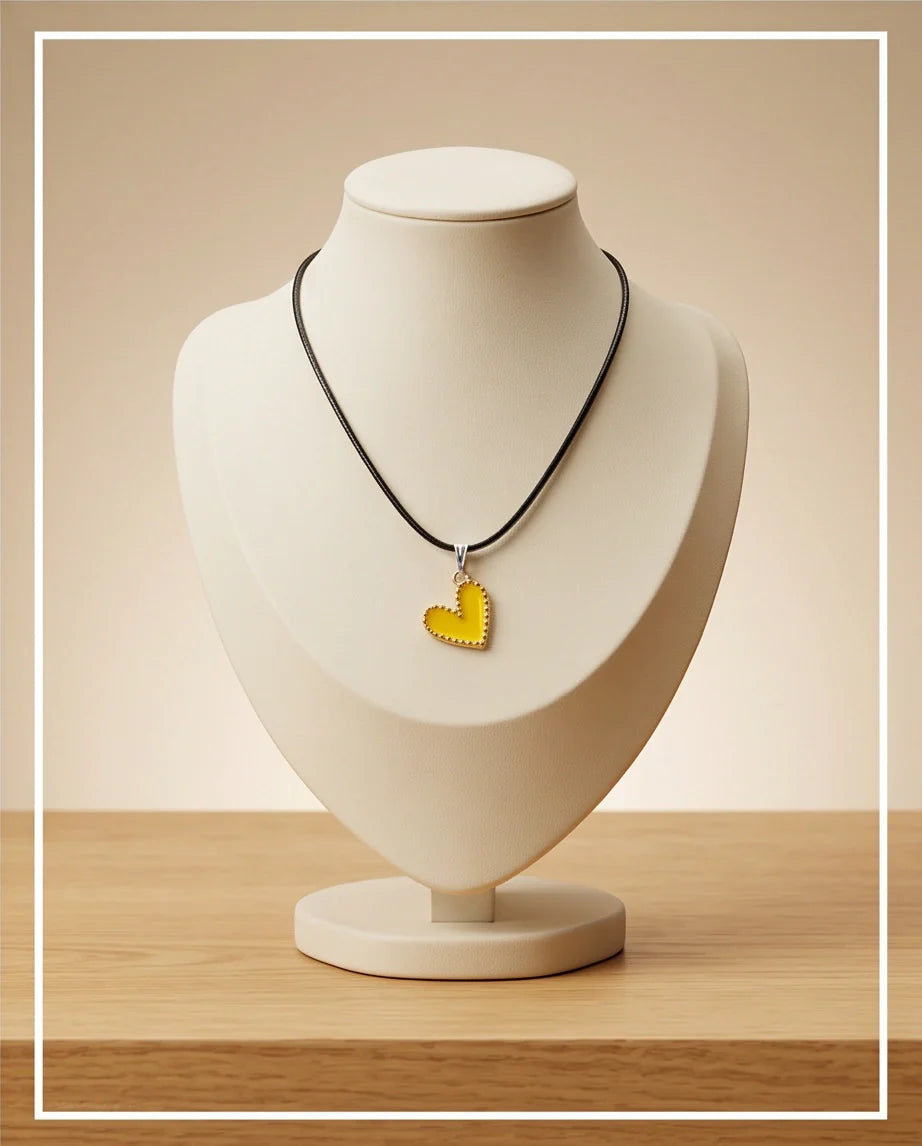 Vibrant Yellow Beaded-Edge Heart Enamel Pendant Necklace