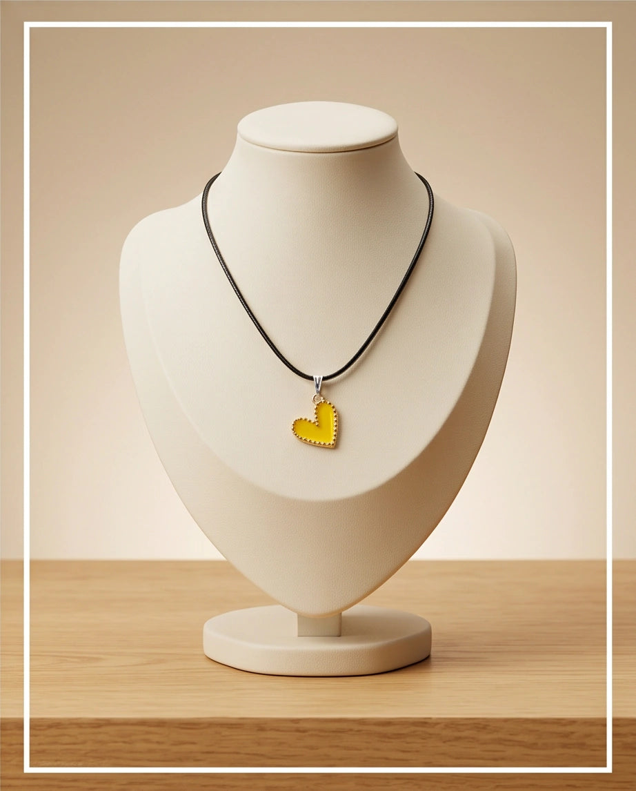 Vibrant Yellow Beaded-Edge Heart Enamel Pendant Necklace