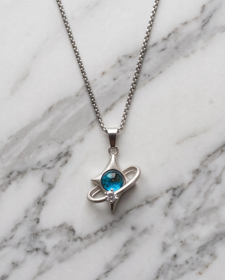 Silver Cosmic Four-Point Star Planet Ring Pendant Necklace