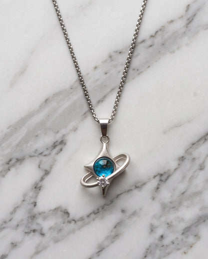 Silver Cosmic Four-Point Star Planet Ring Pendant Necklace