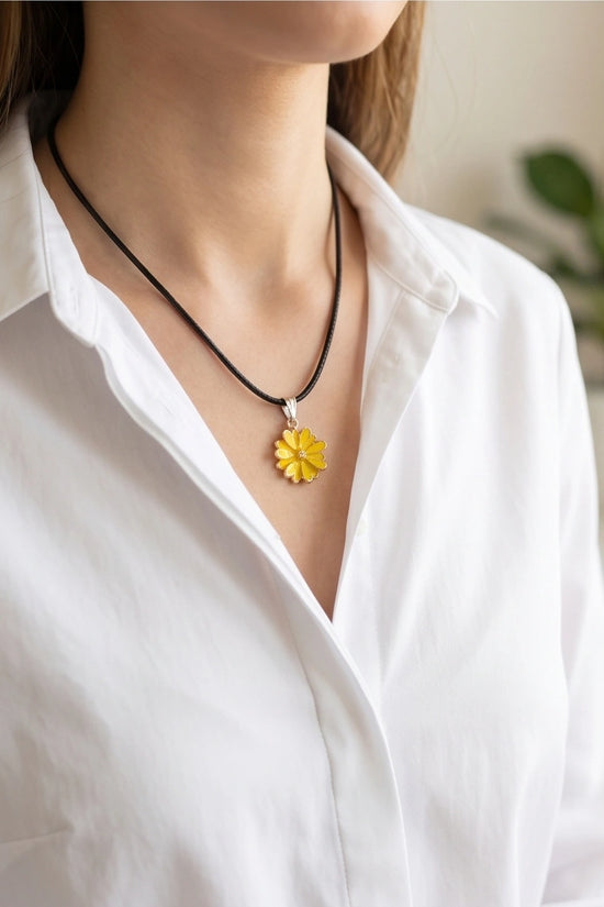 Vibrant Yellow Sunflower Enamel Pendant Necklace with Crystal Accent
