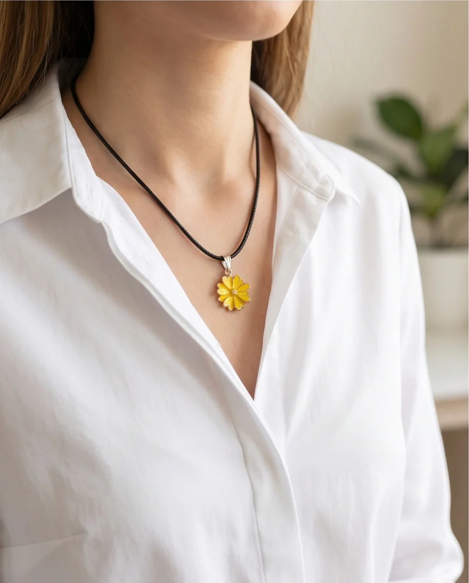Vibrant Yellow Sunflower Enamel Pendant Necklace with Crystal Accent