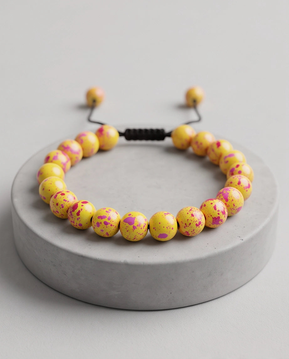 Yellow & Pink Splatter Paint Beaded Adjustable Macrame Bracelet