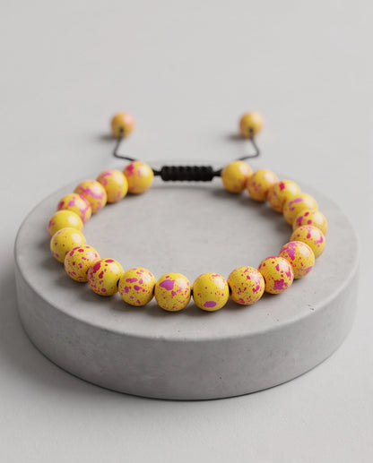 Yellow & Pink Splatter Paint Beaded Adjustable Macrame Bracelet