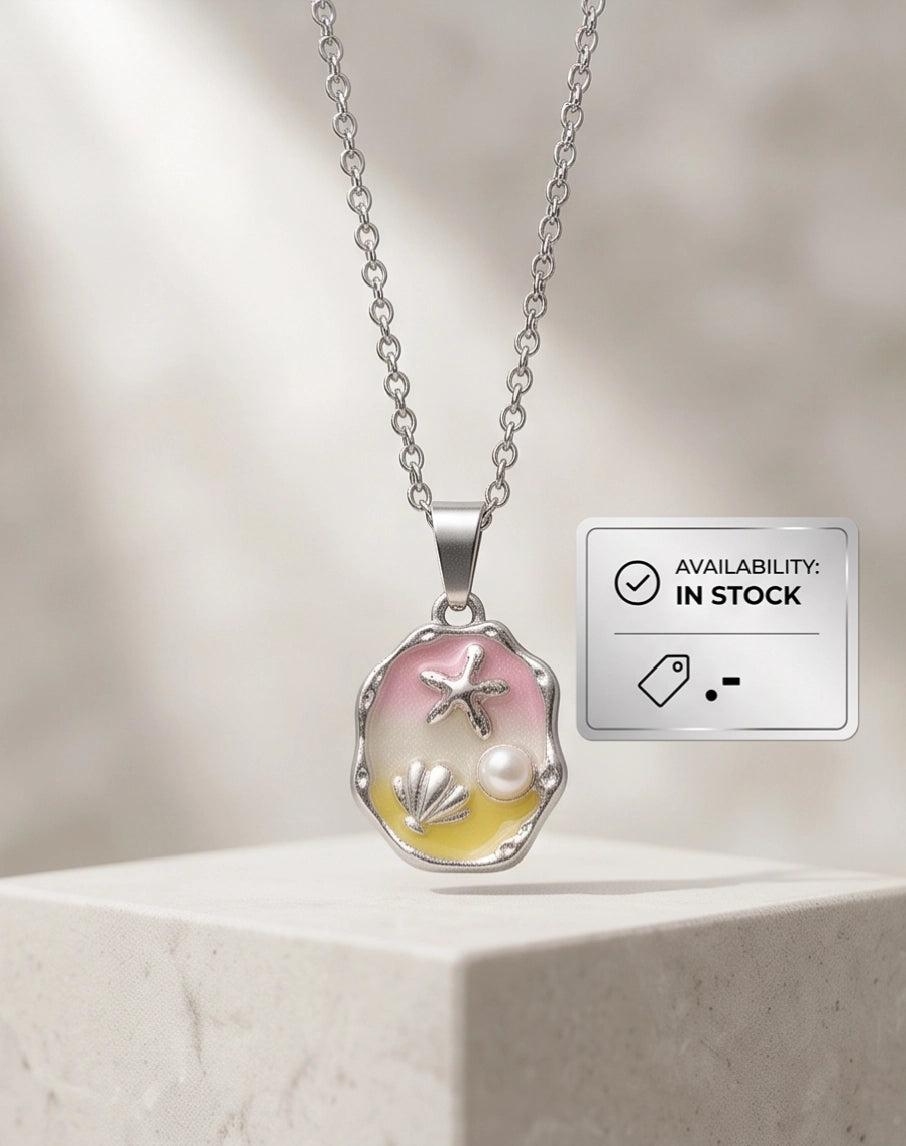 Silver Seashell Starfish Pearl Enamel Medallion Chain Necklace