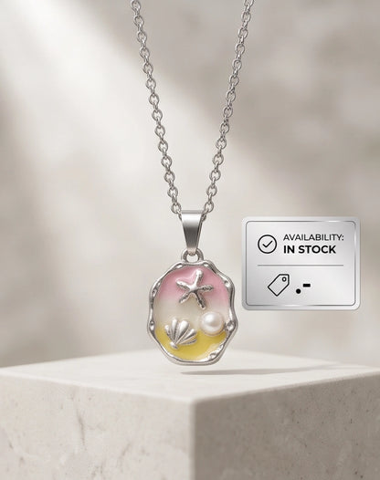 Silver Seashell Starfish Pearl Enamel Medallion Chain Necklace