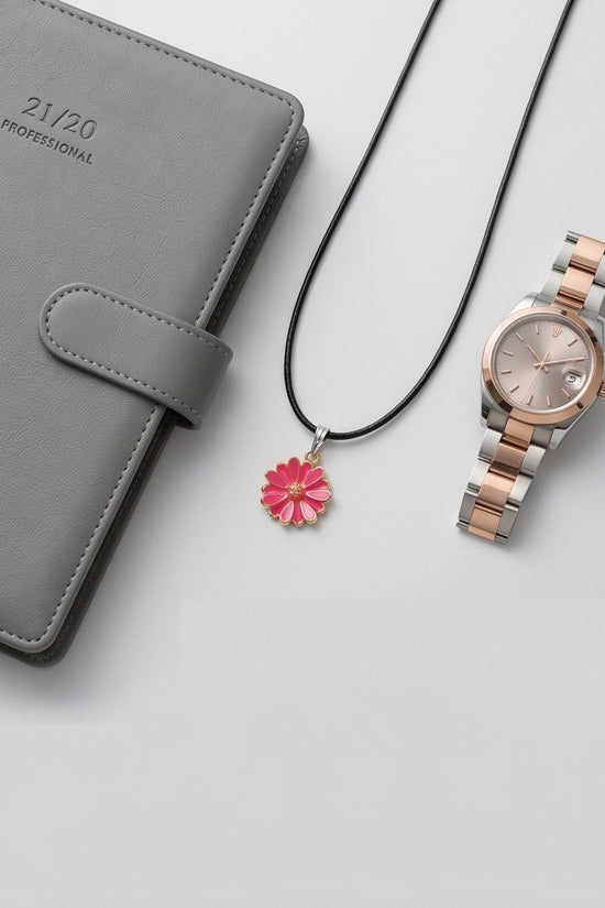 Pink Enamel Sunflower Pendant Necklace