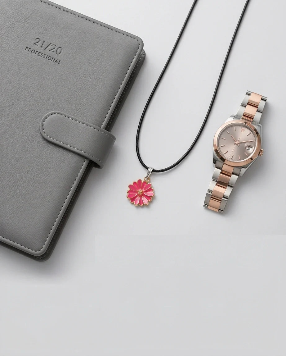 Pink Enamel Sunflower Pendant Necklace