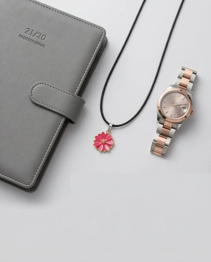Pink Enamel Sunflower Pendant Necklace