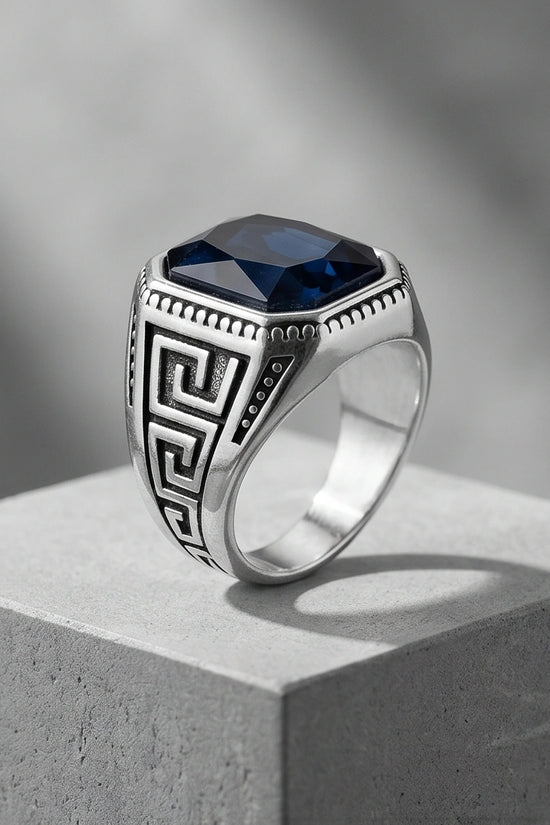 Vintage Greek Key Deep Blue Gemstone Ring
