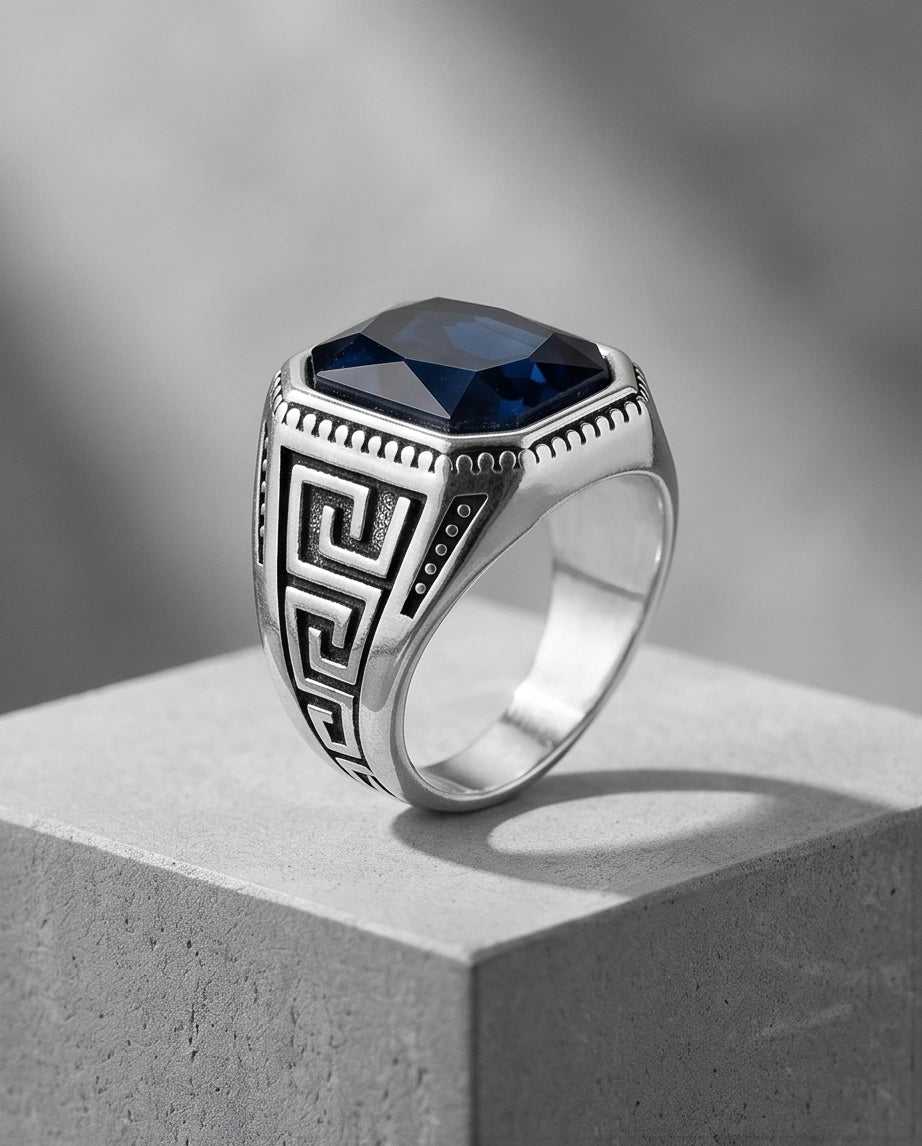 Vintage Greek Key Deep Blue Gemstone Ring