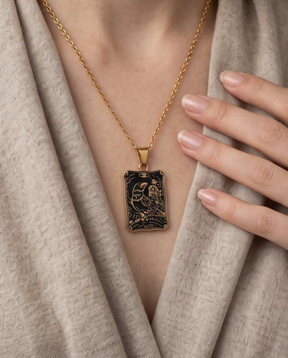 Gold "Death" Raven Tarot Card Pendant Necklace