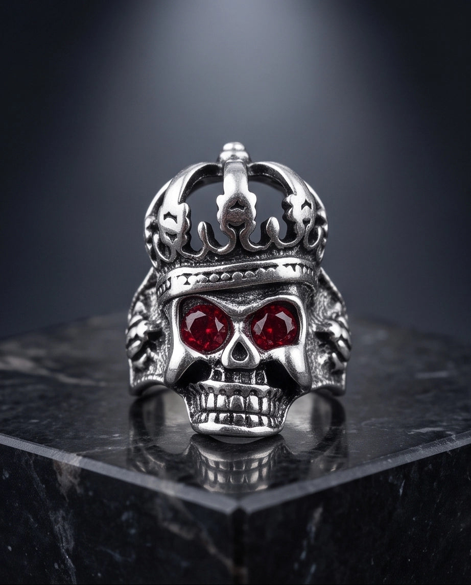 Ruby-Eyed Crowned Skull Ring