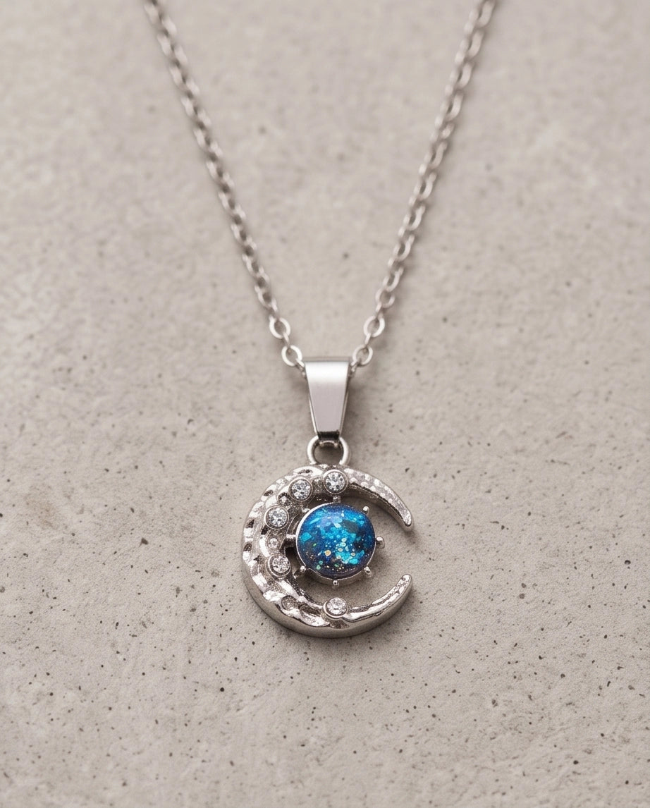 Silver Hammered Crescent Moon Galaxy Stone Pendant Necklace