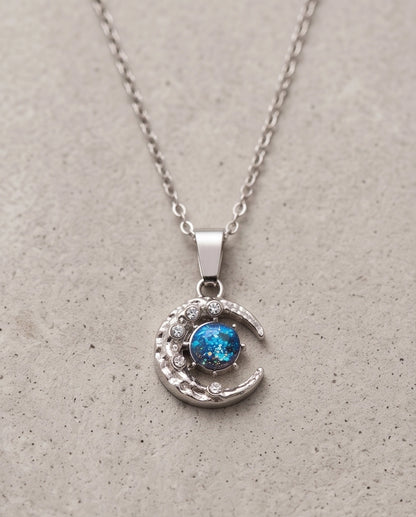 Silver Hammered Crescent Moon Galaxy Stone Pendant Necklace