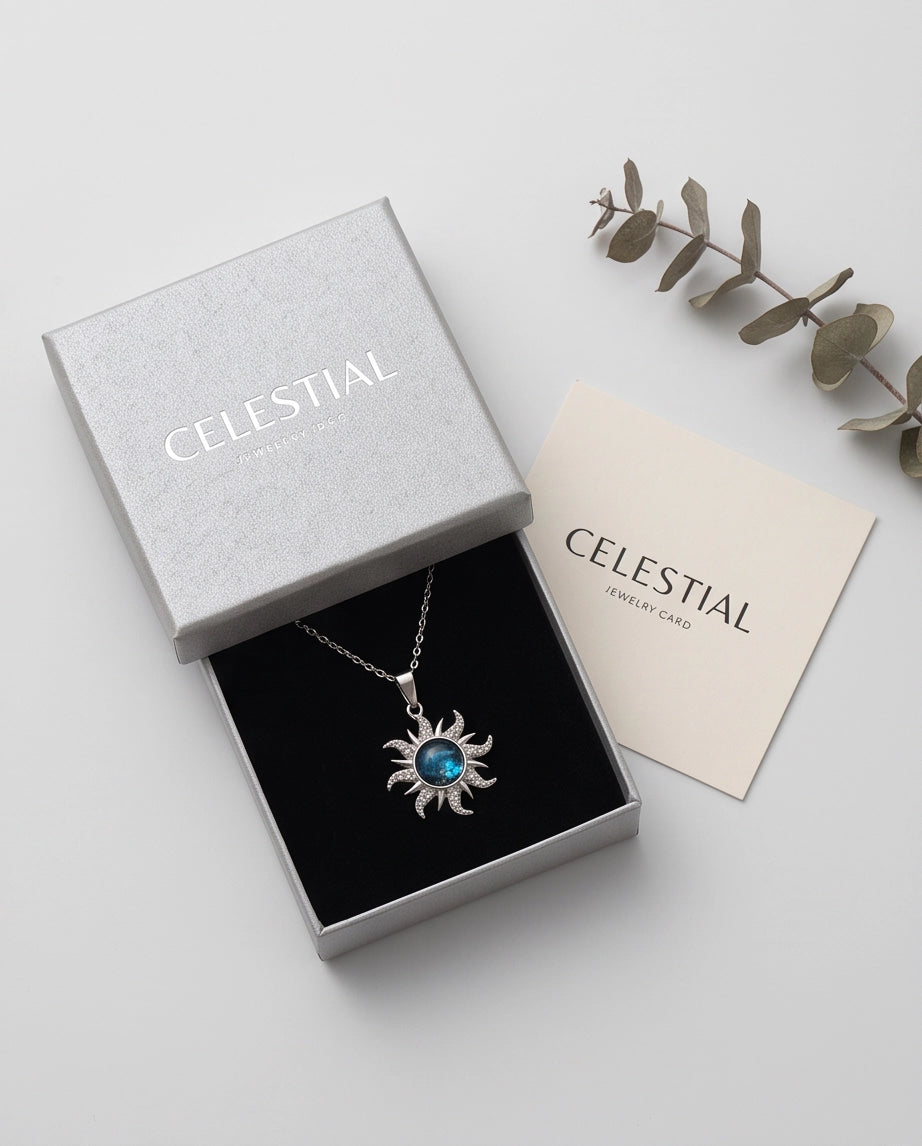 Silver Crystal Celestial Sunburst Galaxy Pendant Necklace