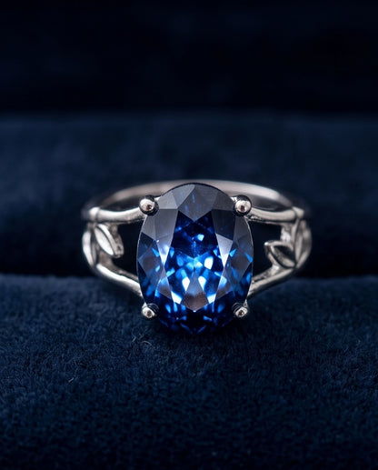 Silver Oval Sapphire Botanical Solitaire Ring