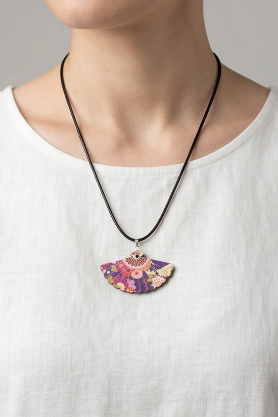 Vintage Purple Floral Hand-Fan Pendant Necklace